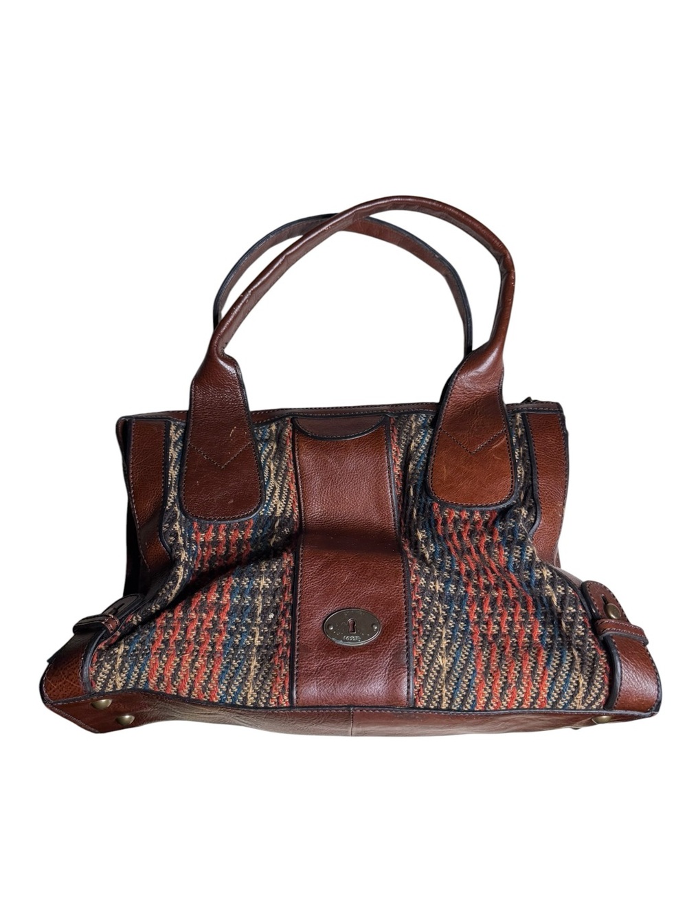 VINTAGE Fossil Key-Per Large Leather Multicolor Tweed Satchel Tote Bag - Picture 2 of 10